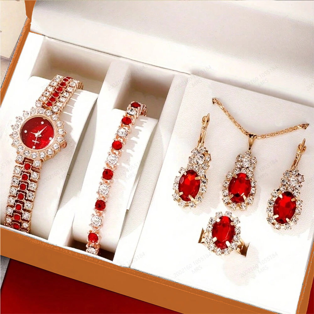 Conjunto de Aleación Bañado en Oro con Cristal Emporia® Rojo y Cristal Emporia® Blanco ( Collar +Pendientes +Pulsera +Anillo +Colgante ) 2 