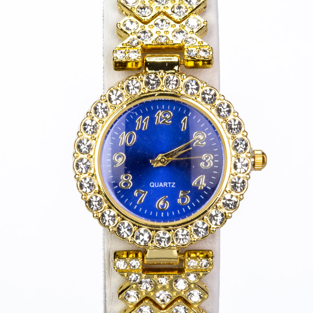 Reloj de Aleación Bañado en Oro con Cristal Emporia® Azul y Cristal Emporia® Blanco ( Collar +Pendientes +Pulsera )