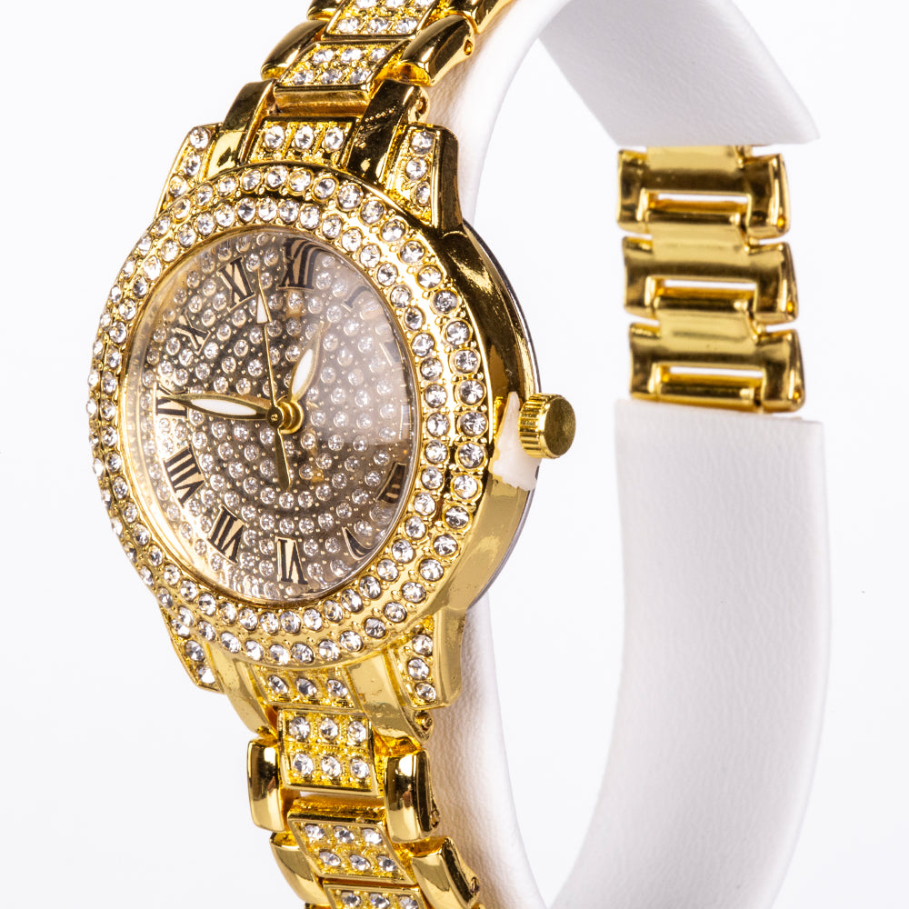 Conjunto de joyería Emporia de 5 piezas, de alta calidad y en tono dorado, presentado en una exclusiva caja de regalo con efecto piel (incluye reloj, pulsera, collar, pendientes y anillo, con cristal blanco Emporia).