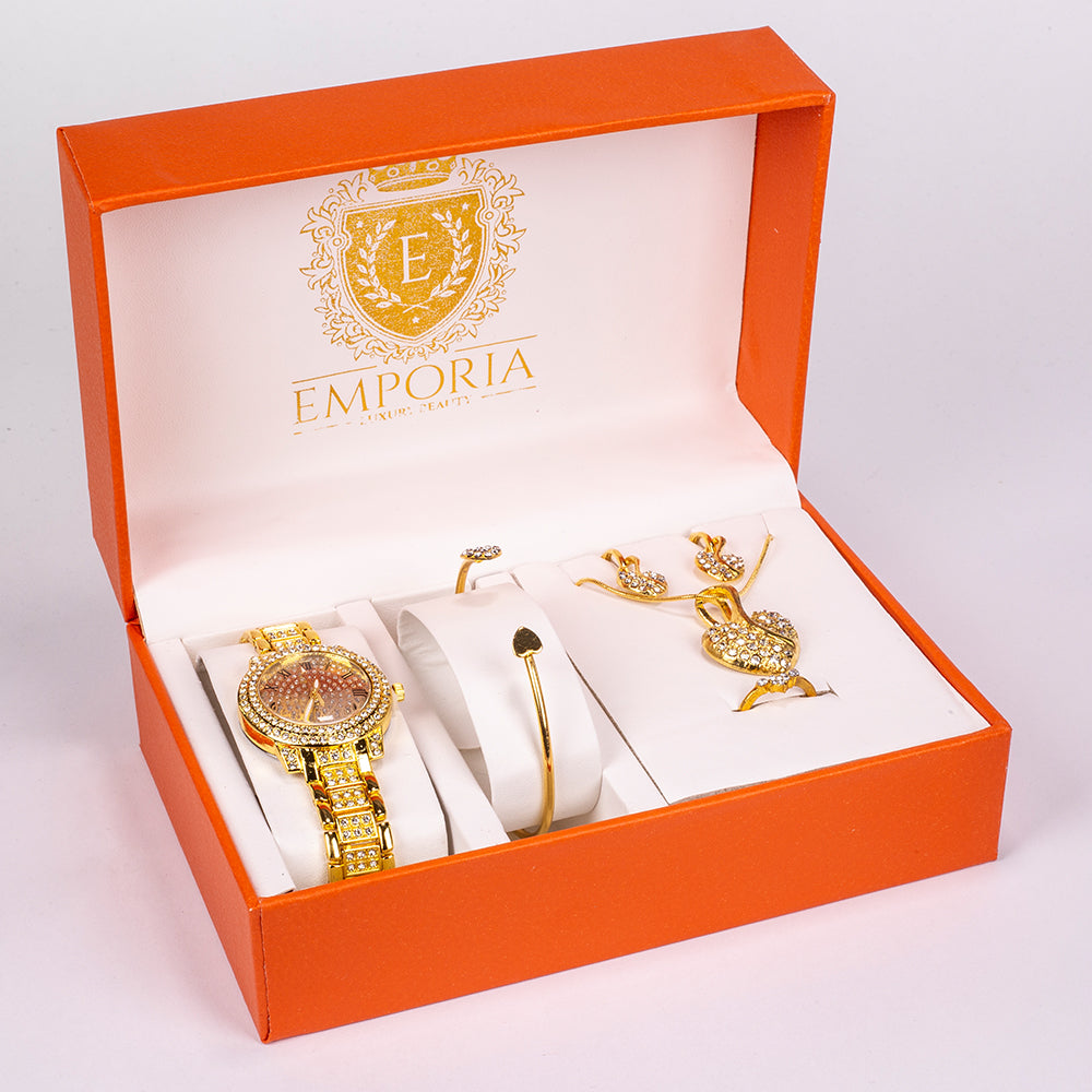 Conjunto de joyería Emporia de 5 piezas, de alta calidad y en tono dorado, presentado en una exclusiva caja de regalo con efecto piel (incluye reloj, pulsera, collar, pendientes y anillo, con cristal blanco Emporia).