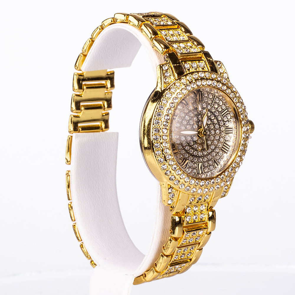 Conjunto de joyería Emporia de 5 piezas, de alta calidad y en tono dorado, presentado en una exclusiva caja de regalo con efecto piel (incluye reloj, pulsera, collar, pendientes y anillo, con cristal blanco Emporia).
