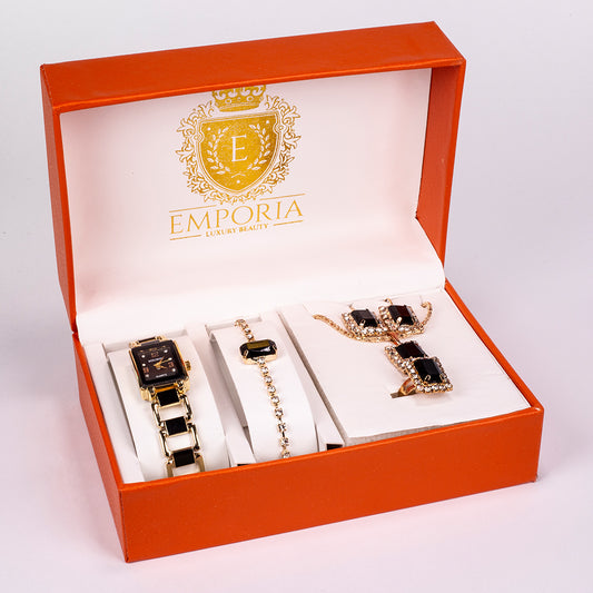 Conjunto de joyas Emporia de 5 piezas, de alta calidad y en tono dorado, presentado en una exclusiva caja de regalo con efecto piel (incluye reloj, pulsera, collar, pendientes y anillo, con cristales Emporia blancos y negros).