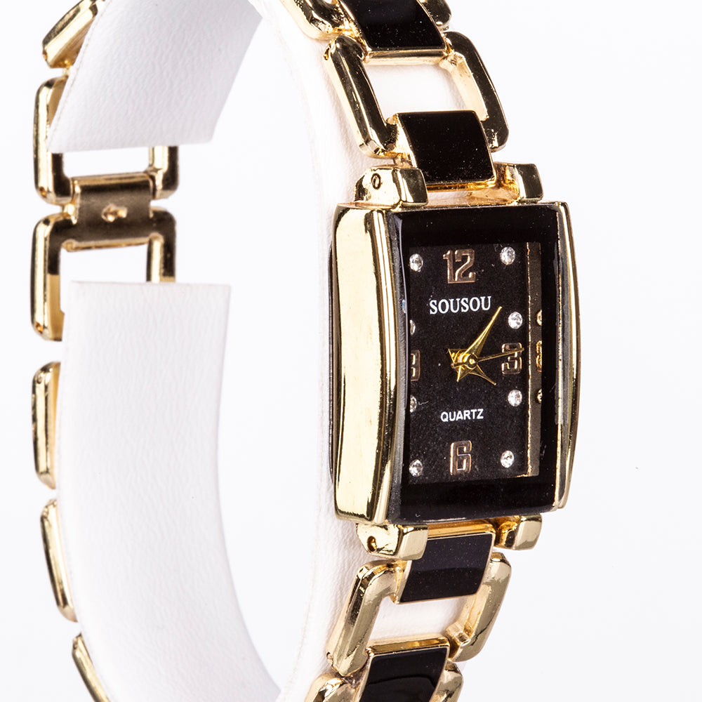 Conjunto de joyas Emporia de 5 piezas, de alta calidad y en tono dorado, presentado en una exclusiva caja de regalo con efecto piel (incluye reloj, pulsera, collar, pendientes y anillo, con cristales Emporia blancos y negros). 12 