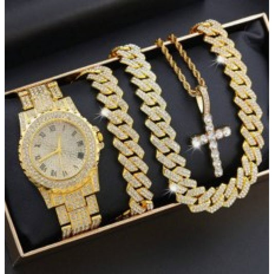 Cruz Conjunto de Aleación Bañado en Oro con Cristal Emporia® Blanco ( Collar +Pulsera +Colgante )