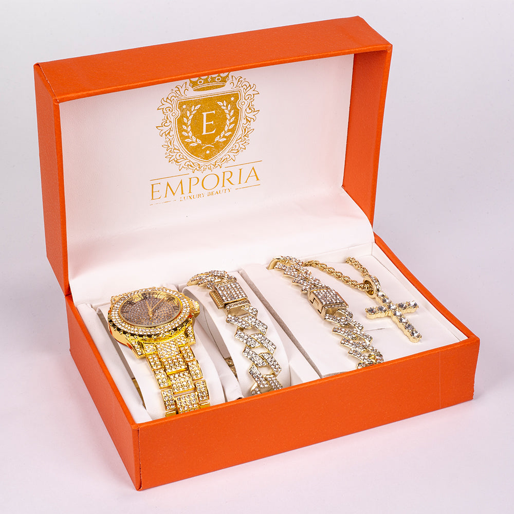 Conjunto de joyas Emporia de 4 piezas, de alta calidad y en tono dorado, presentado en una exclusiva caja de regalo con efecto piel (incluye reloj, pulsera, collar grueso y collar con colgante de cruz con cristal blanco Emporia). 1 