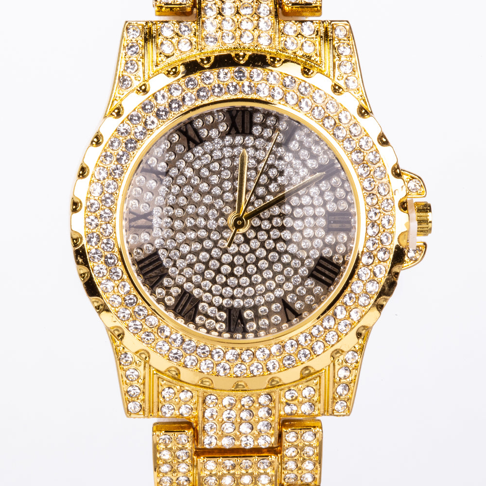 Conjunto de joyas Emporia de 4 piezas, de alta calidad y en tono dorado, presentado en una exclusiva caja de regalo con efecto piel (incluye reloj, pulsera, collar grueso y collar con colgante de cruz con cristal blanco Emporia).
