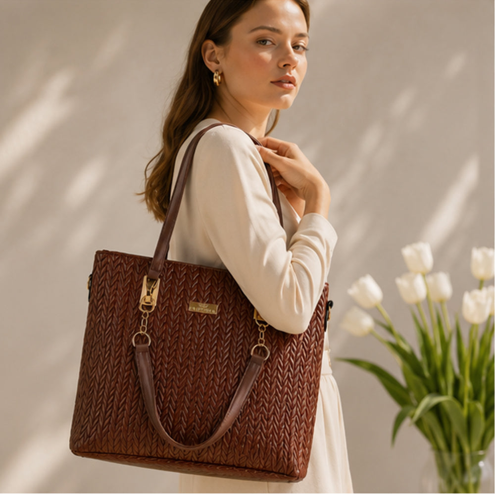 Colección Primavera 2026 de Emporia - "Choco Lux", juego de 6 bolsos; piel sintética, marrón.
