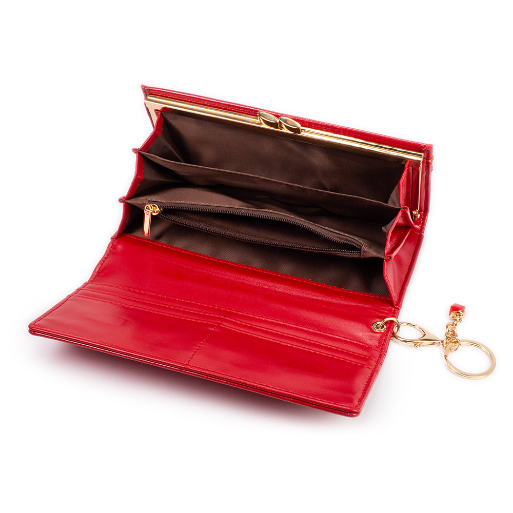 Cartera de privacidad con clave secreta de acceso para mujer. Color: negro y rojo