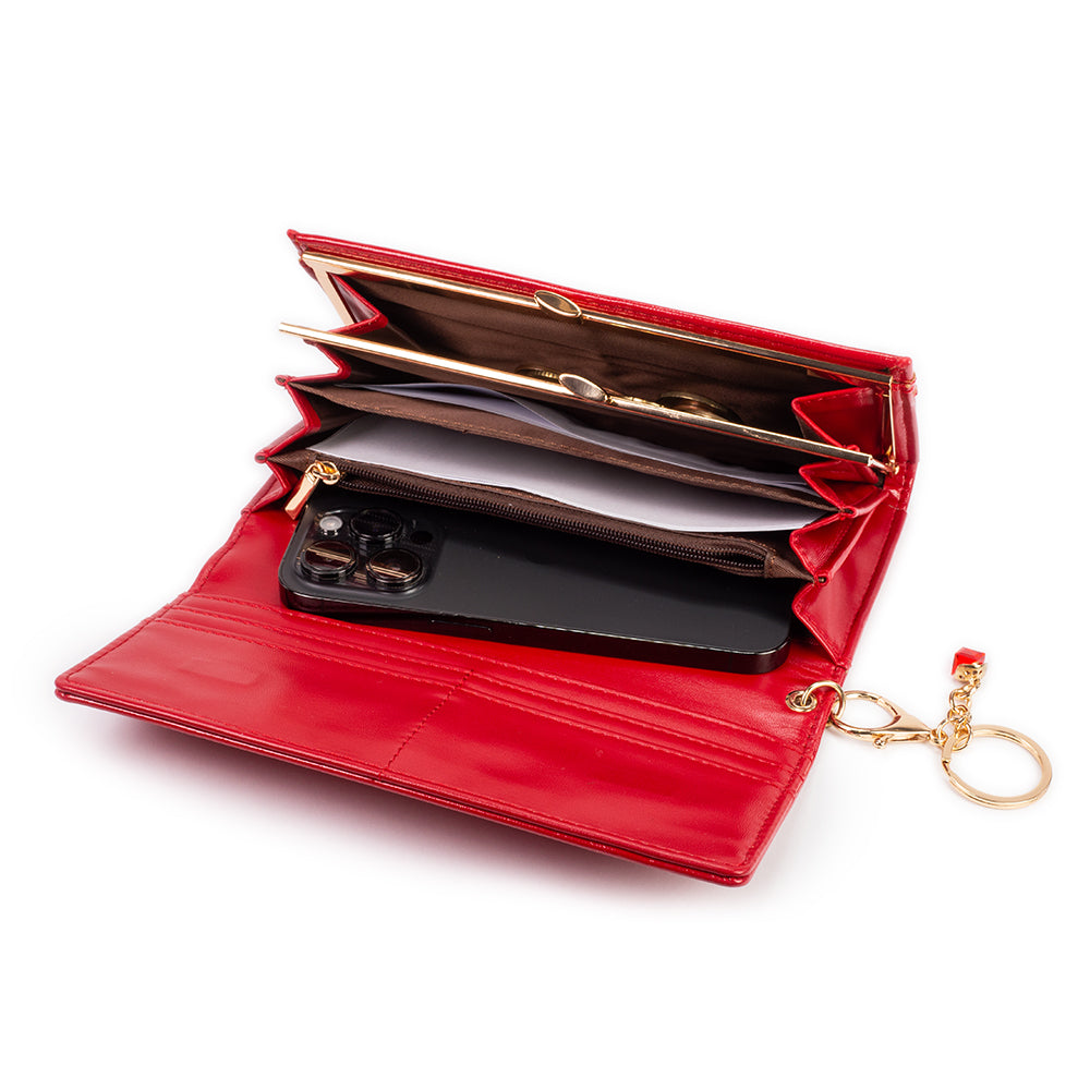 Cartera de privacidad con clave secreta de acceso para mujer. Color: negro y rojo