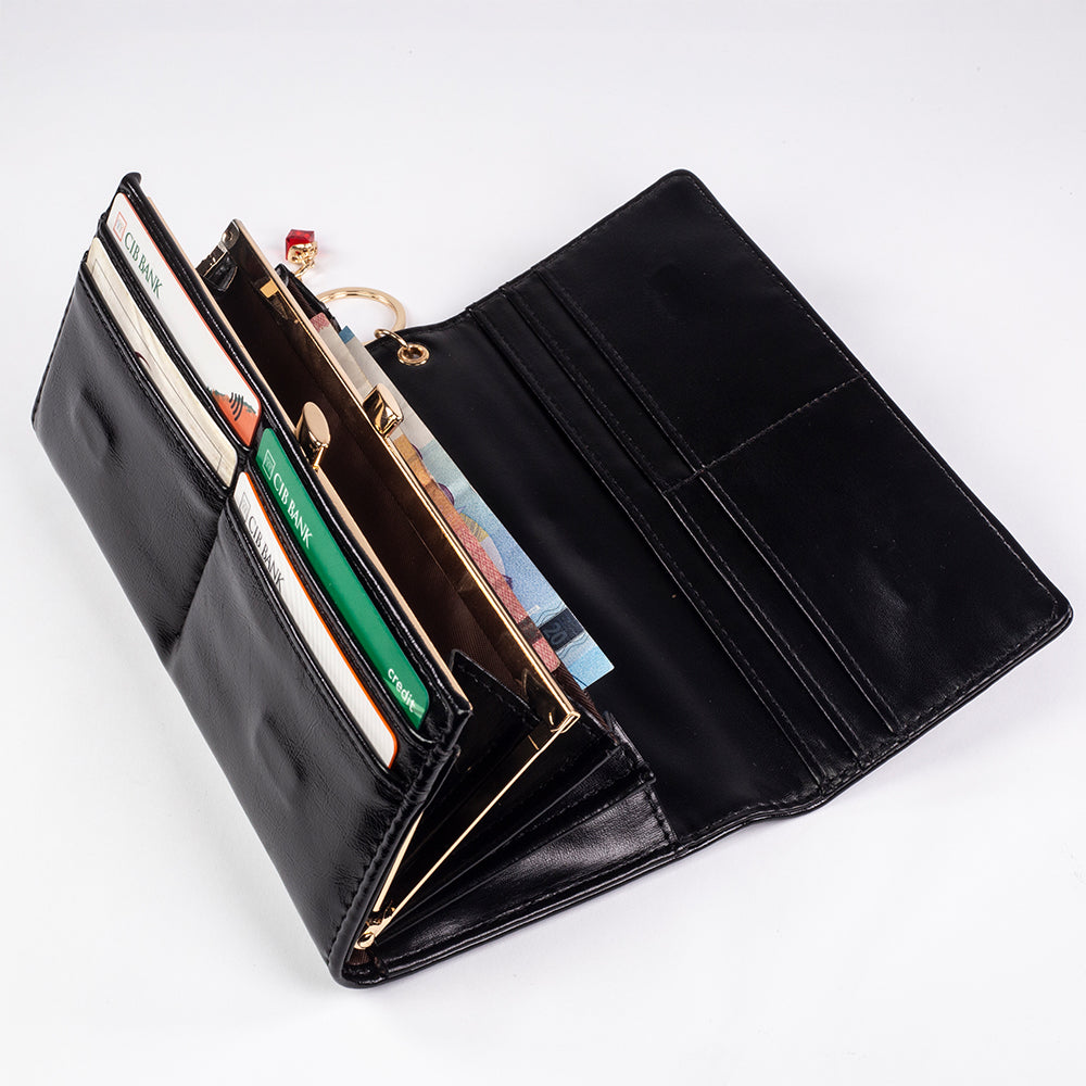 Cartera de privacidad con clave secreta de acceso para mujer. Color: negro y rojo