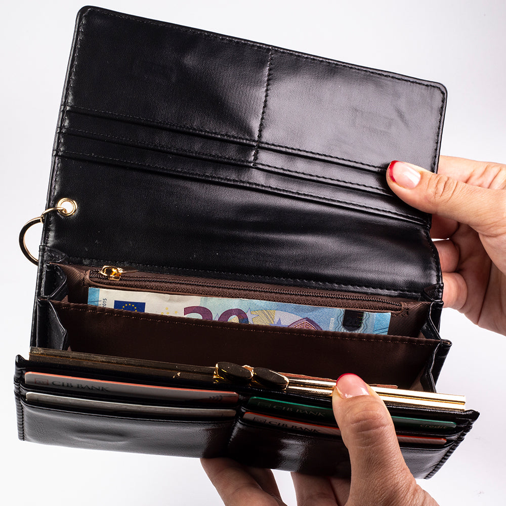 Cartera de privacidad con clave secreta de acceso para mujer. Color: negro y rojo