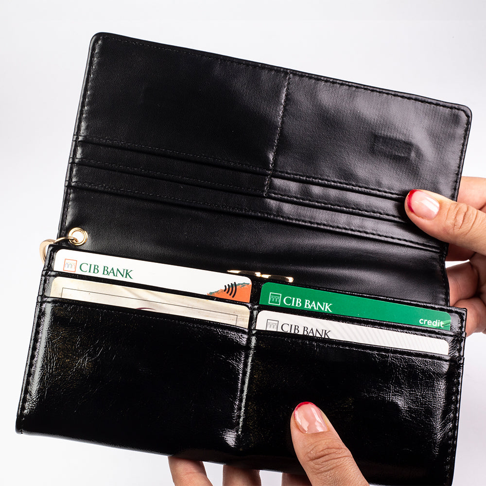 Cartera de privacidad con clave secreta de acceso para mujer. Color: negro y rojo