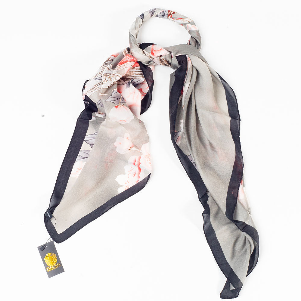Bufanda velo floreciente, 85 x 180 cms, gris, 100% seda vegana