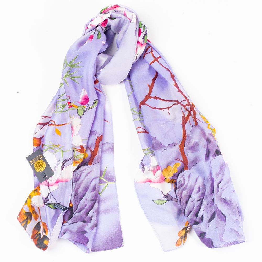 Bufanda Edén frondoso, 85 x 180 cms, lila, 100% seda vegana