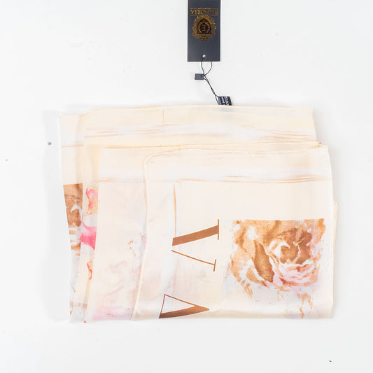 Bufanda floraciones y letras, 85 x 180 cms, blanco, 100% seda vegana