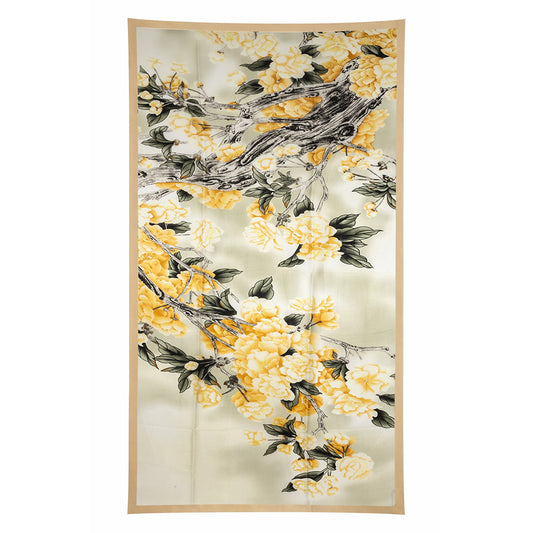 Bufanda con estampado de jardín floral, amarilla, 85 × 180 cm, 100 % seda vegana.