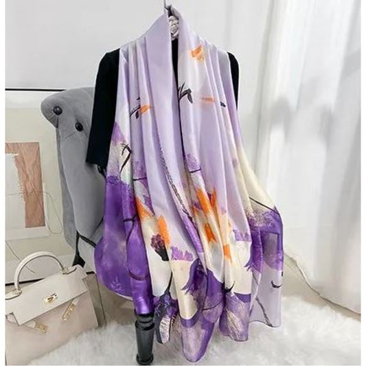 Bufanda con estampado de loto nocturno, color morado, 85 × 180 cm, 100 % seda vegana.