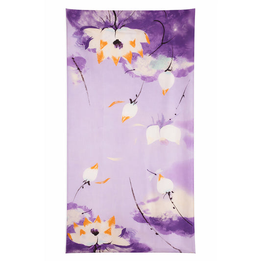 Bufanda con estampado de loto nocturno, color morado, 85 × 180 cm, 100 % seda vegana.