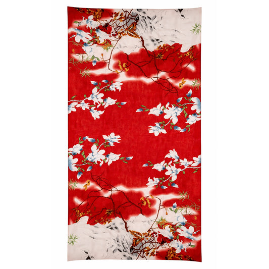 Bufanda estampada inspirada en el Jardín del Edén, roja, 85 × 180 cm, 100 % seda vegana.