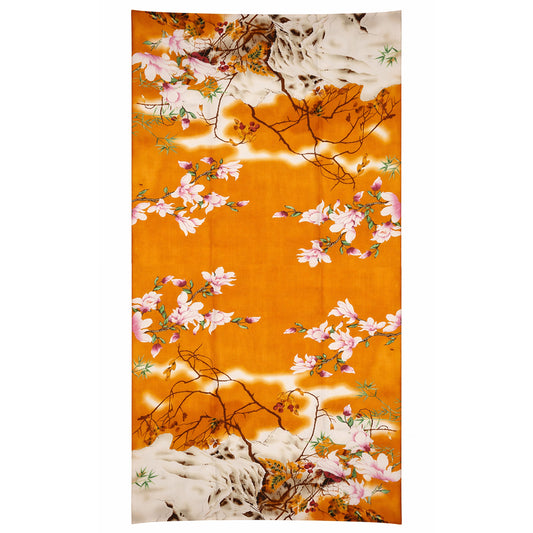 Bufanda con estampado inspirado en el Jardín del Edén, color naranja, 85 × 180 cm, 100 % seda vegana.