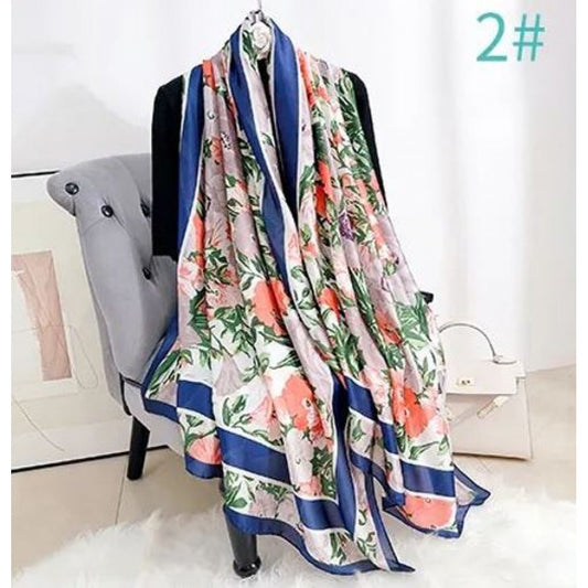 Bufanda con estampado de orquídeas, azul, 85 × 180 cm, 100 % seda vegana.