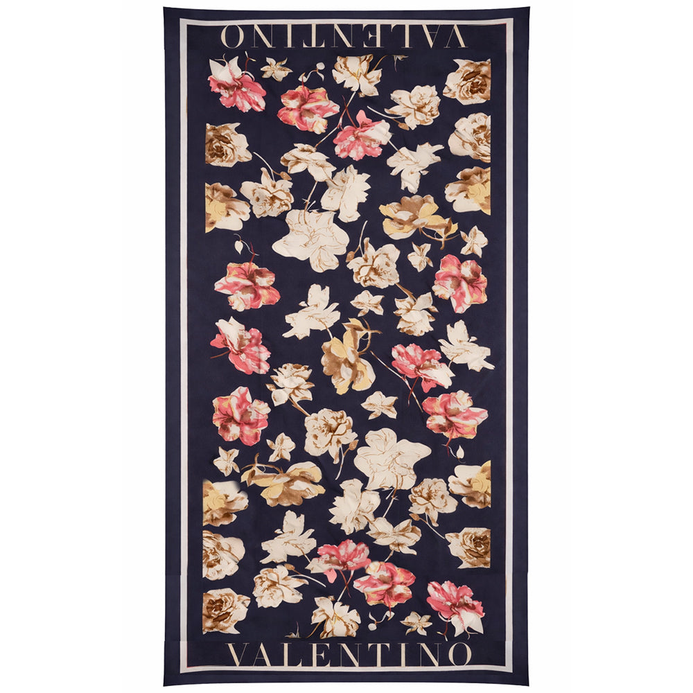Bufanda con estampado floral y de inscripción, azul, 85 × 180 cm, 100 % seda vegana.