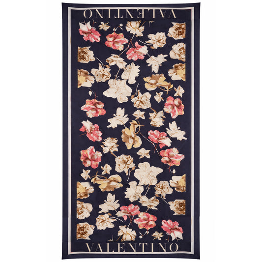 Bufanda con estampado floral y de inscripción, azul, 85 × 180 cm, 100 % seda vegana.