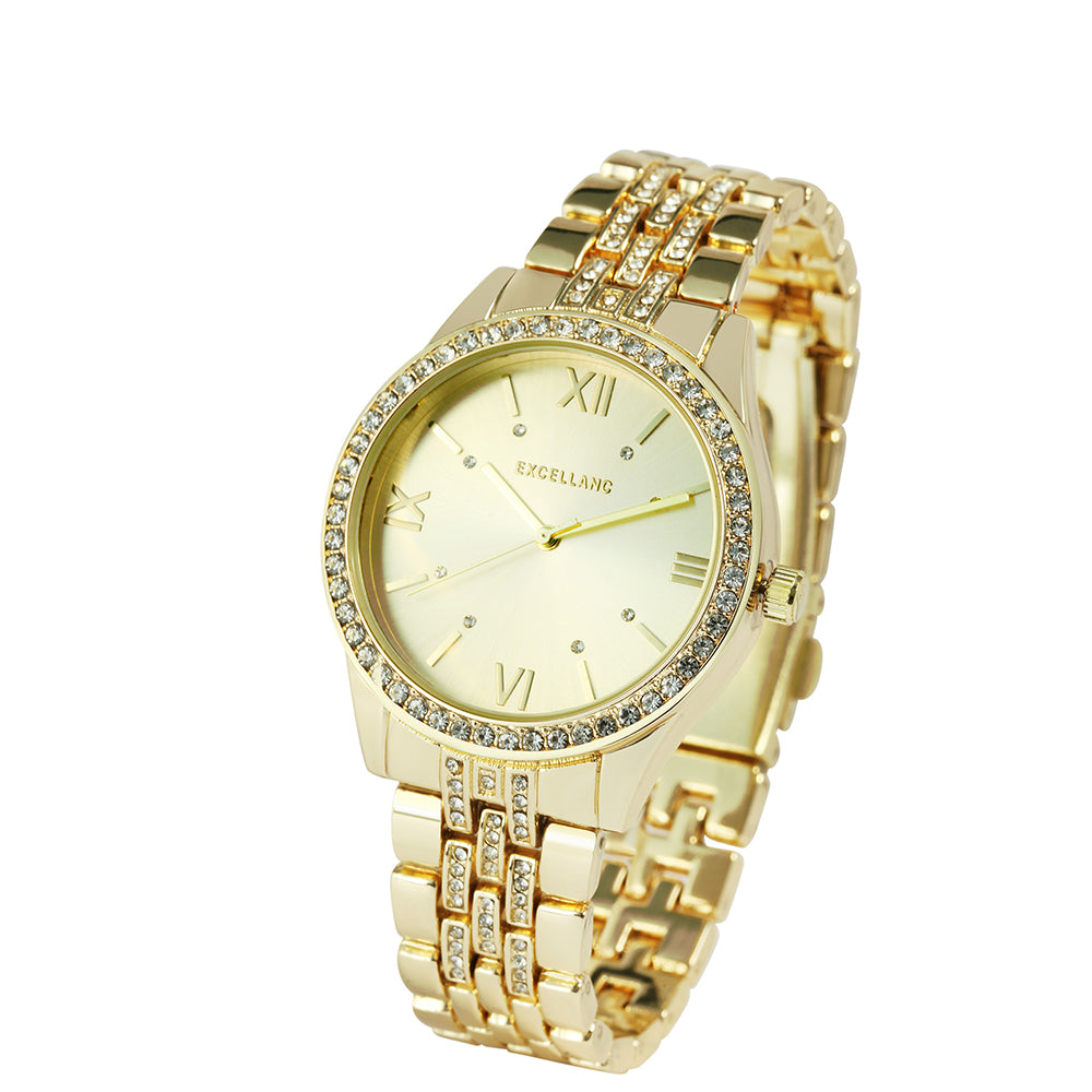 Excelland reloj de mujer de color oro con pulsera de metal,cierre desplegable y cristales. 2 