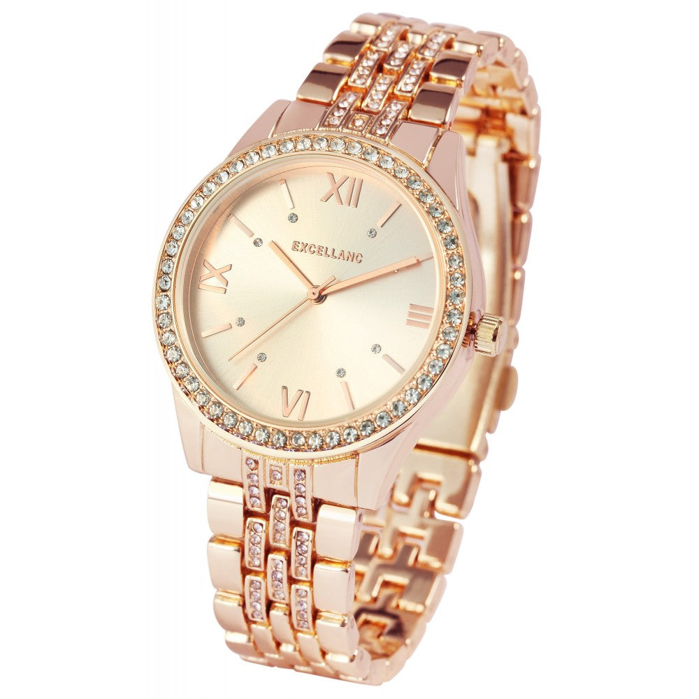 Excellenc reloj para mujer de color oro rosa, con pulsera de metal, cierre desplegable y cristales