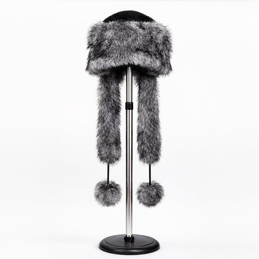 Gorro de invierno de piel sintética plateado con bufanda – talla única