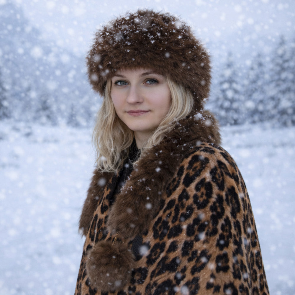 Gorro de invierno de piel sintética marrón con bufanda – talla única
