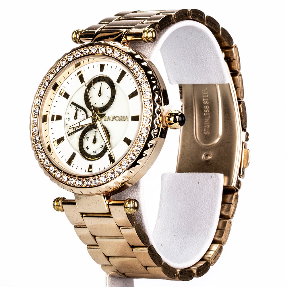 Reloj de Aleación Bañado en Oro con Cristal Emporia® Blanco 1 