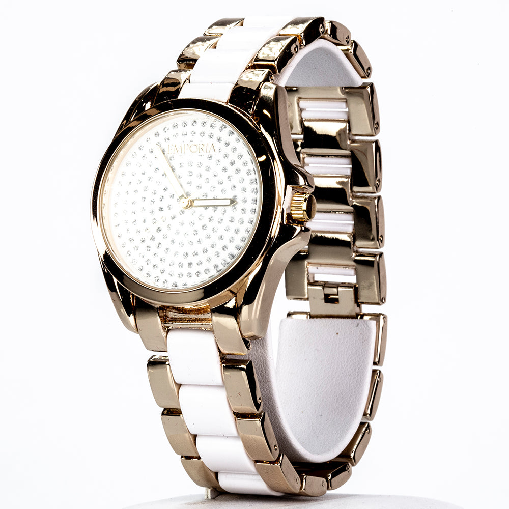 Reloj de Aleación Bañado en Oro con Cristal Emporia® Blanco 1 