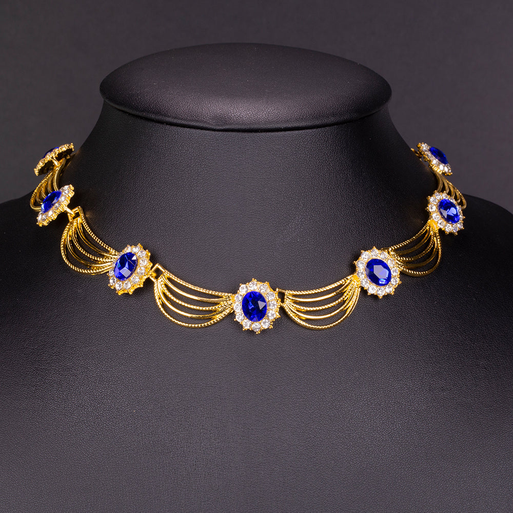 Conjunto de Aleación Bañado en Oro con Cristal Emporia® Azul y Cristal Emporia® Blanco ( Collar +Pendientes ) 5 