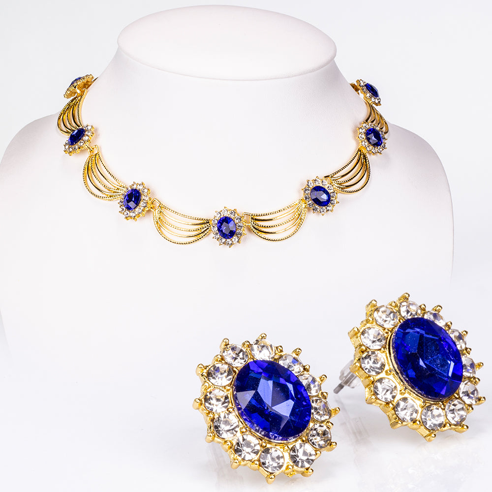 Conjunto de Aleación Bañado en Oro con Cristal Emporia® Azul y Cristal Emporia® Blanco ( Collar +Pendientes ) 1 