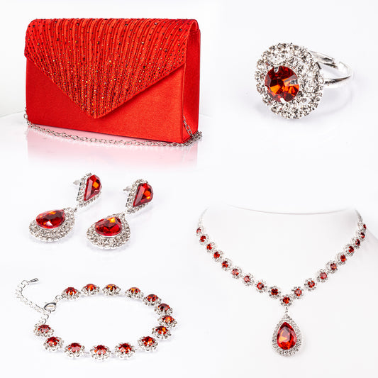 Bolso de Aleación Bañado en Oro con Cristal Emporia® Rojo y Cristal Emporia® Blanco ( Collar +Pendientes +Pulsera +Anillo )