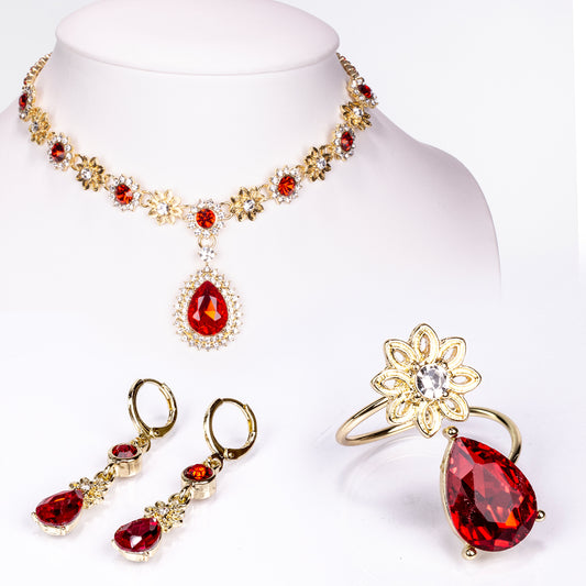 Conjunto de Aleación Bañado en Oro con Cristal Emporia® Rojo y Cristal Emporia® Blanco ( Collar +Pendientes )