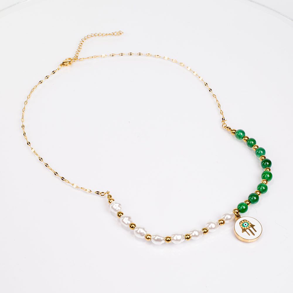 Conjunto de Aleación Bañado en Oro con Ágata Verde ( Collar +Pendientes +Pulsera ) 2 
