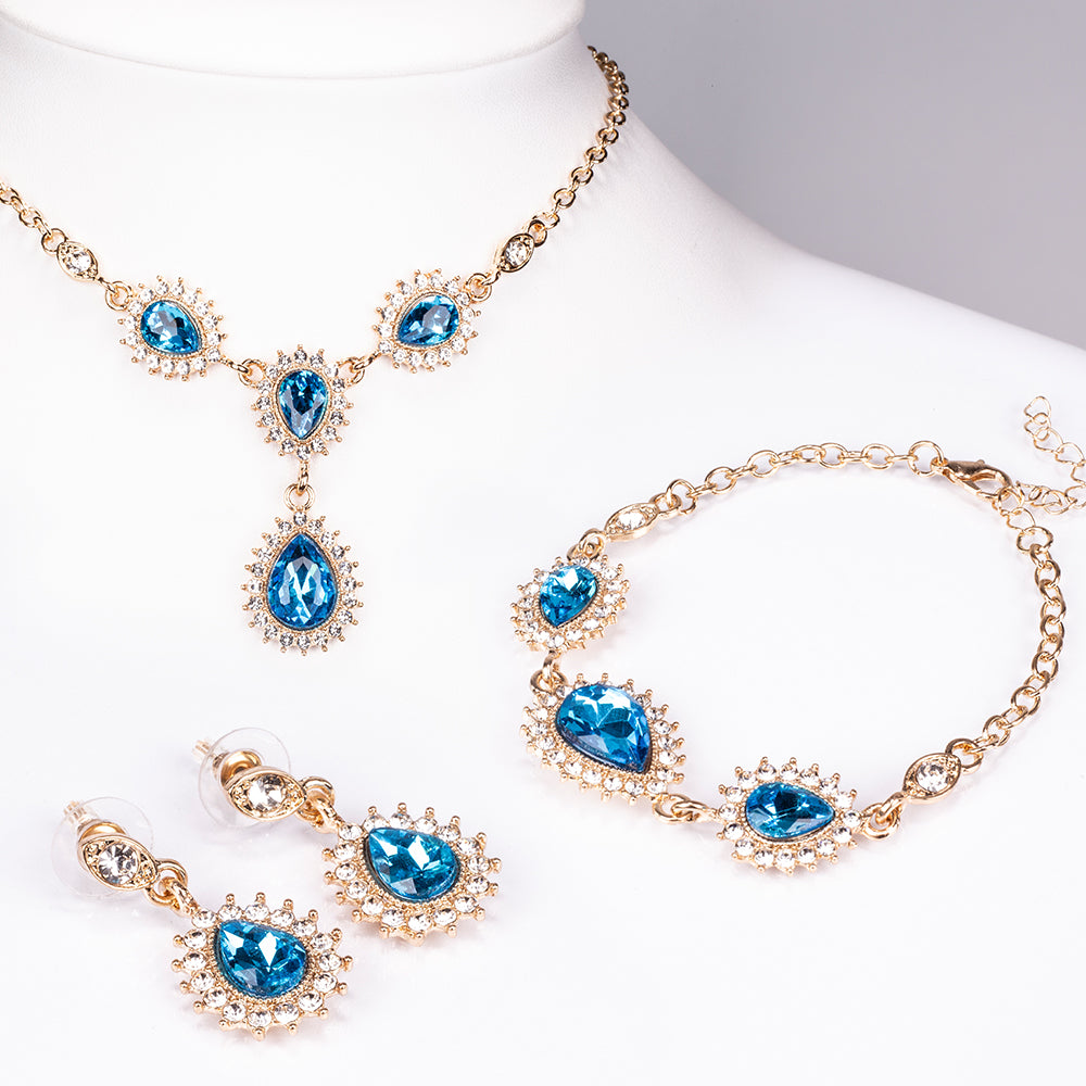 Conjunto de Aleación Bañado en Oro con Cristal Emporia® Azul y Cristal Emporia® Blanco ( Collar +Pendientes +Pulsera )