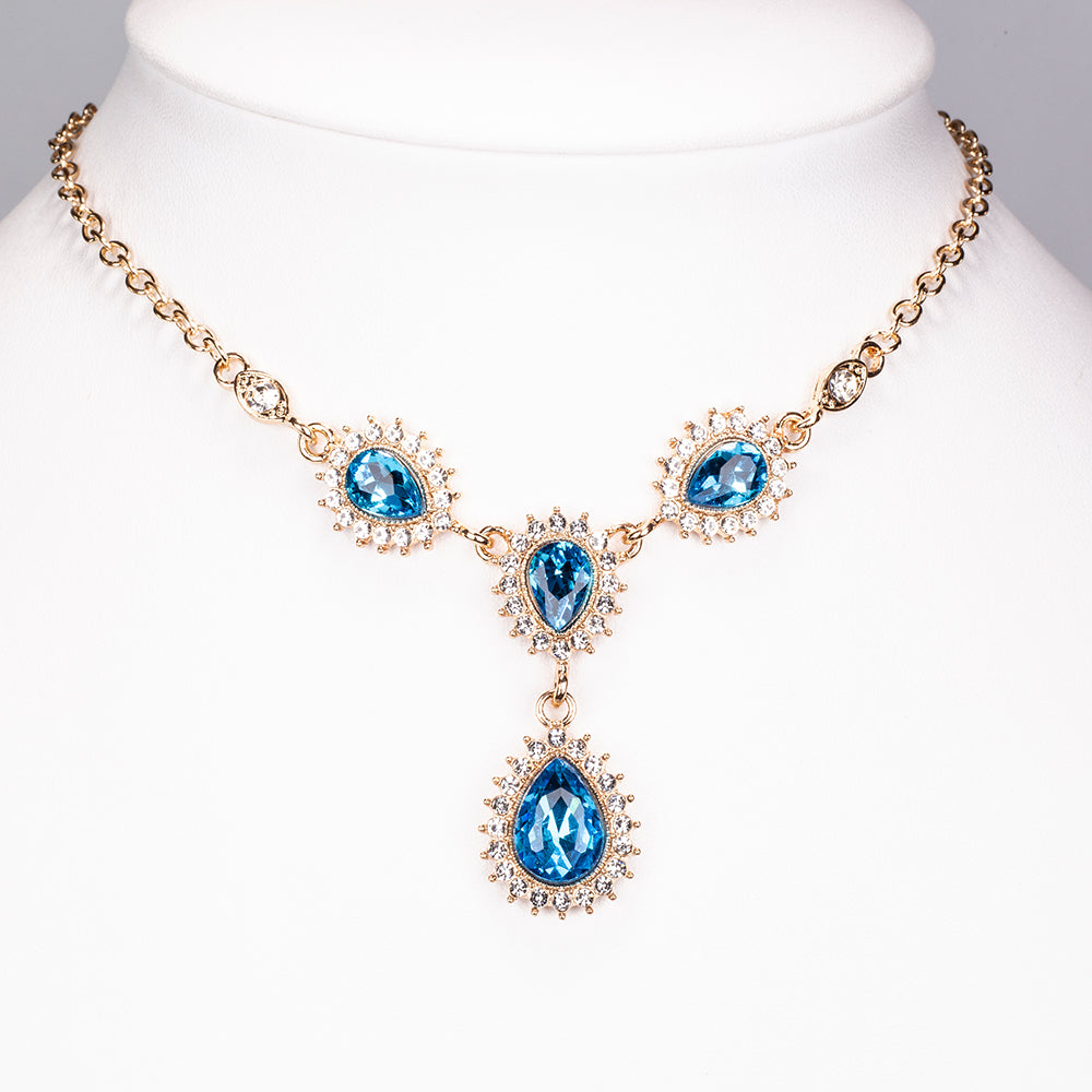 Conjunto de Aleación Bañado en Oro con Cristal Emporia® Azul y Cristal Emporia® Blanco ( Collar +Pendientes +Pulsera ) 3 