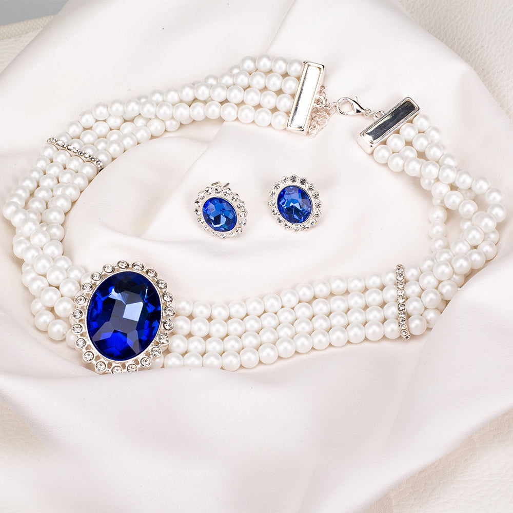 Conjunto de Aleación Bañado en Oro con Perla y Cristal Emporia® Azul ( Collar +Pendientes ) 1 