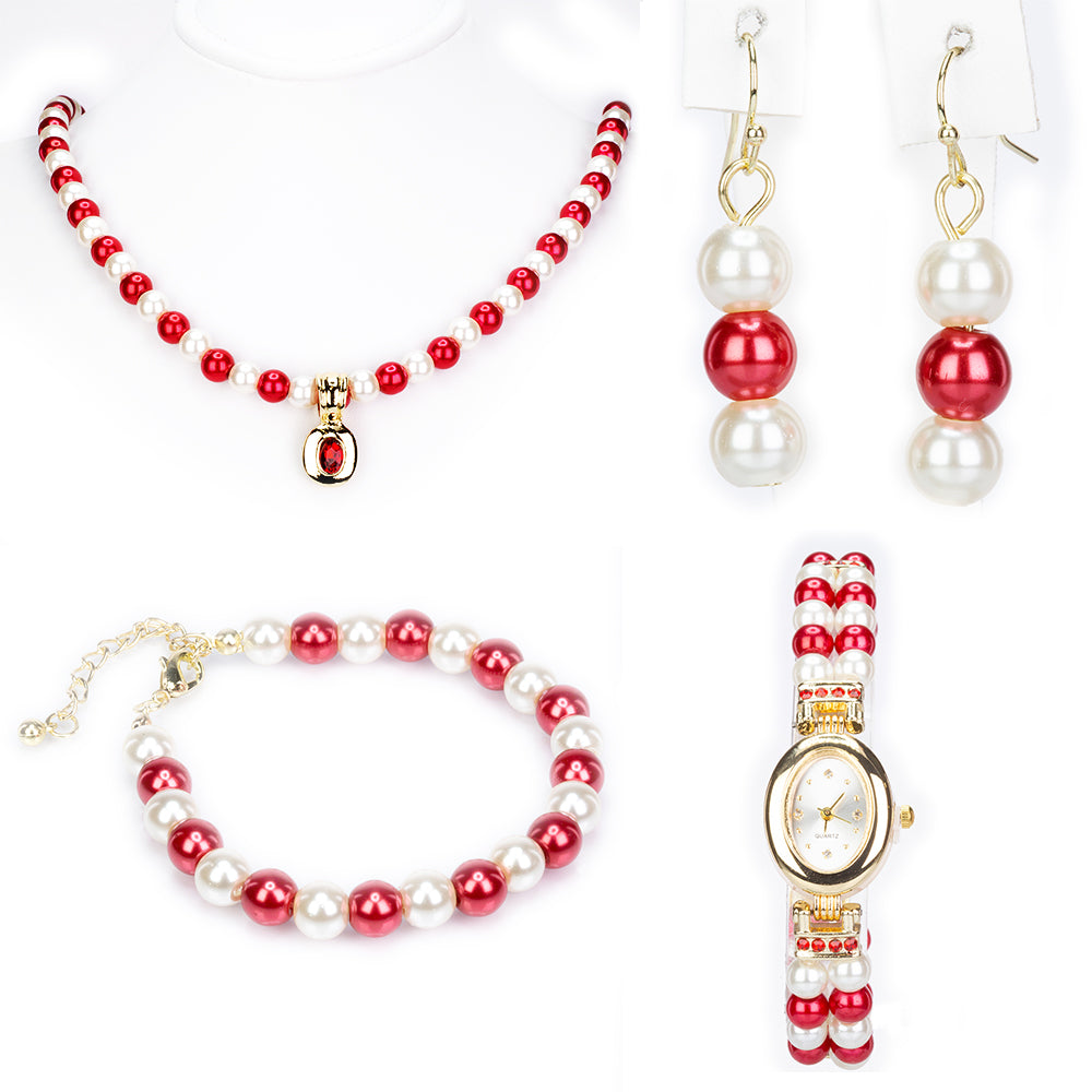 Conjunto de Aleación Bañado en Oro con Perla de cristal y Cristal Emporia® Rojo ( Collar +Pendientes +Pulsera ) 1 