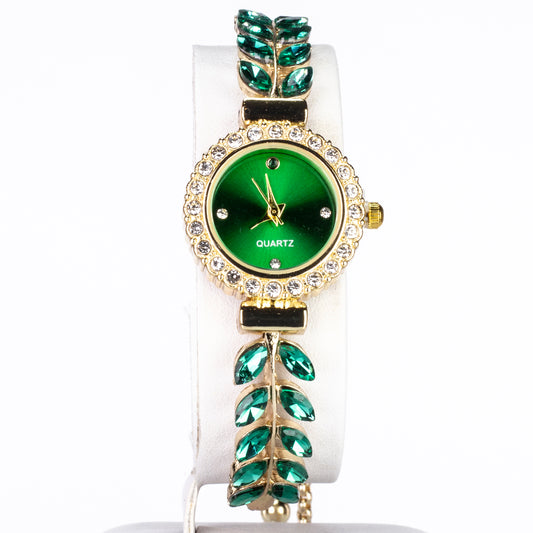 Reloj de Aleación Bañado en Oro con Esmeralda y Cristal Emporia® Verde