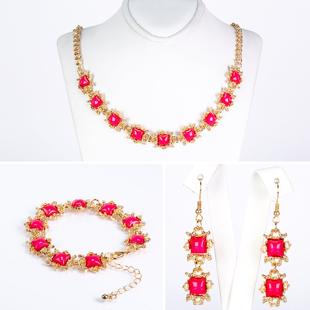 Conjunto de Aleación Bañado en Oro con Cristal Emporia® Rojo y Cristal Emporia® Blanco ( Collar +Pendientes +Pulsera )