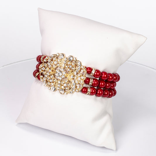 Conjunto de Aleación Bañado en Oro con Perla de cristal rojo y Cristal Emporia® Blanco ( Collar +Pulsera )