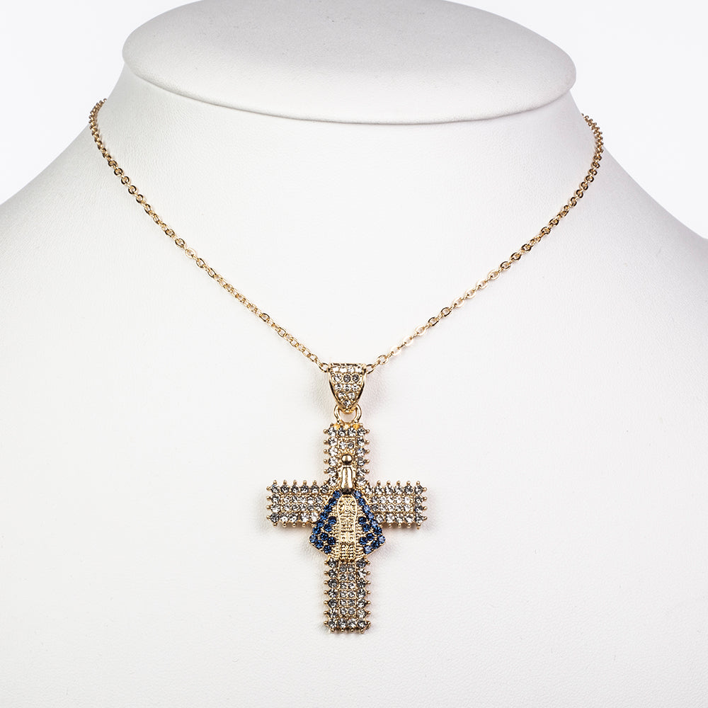 Cruz Collar de Aleación Bañado en Oro con Cristal Emporia® Azul y Cristal Emporia® Blanco