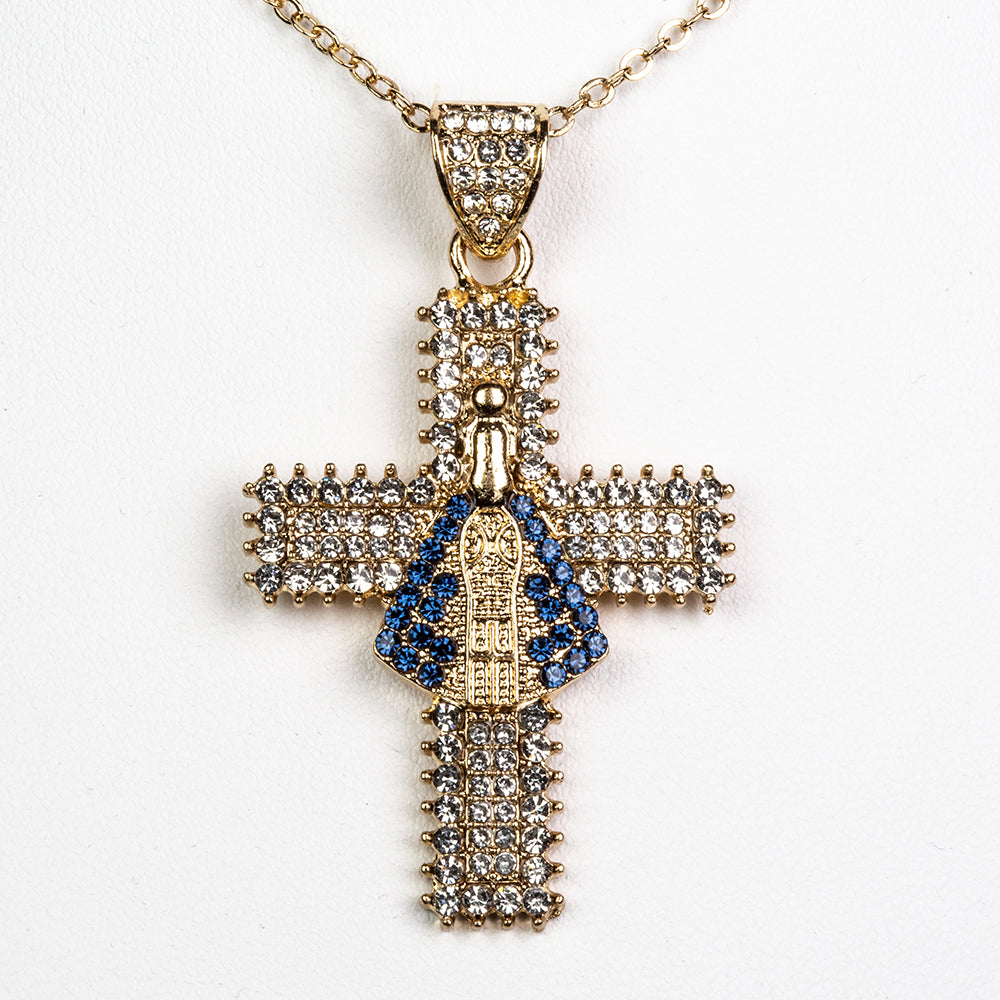 Cruz Collar de Aleación Bañado en Oro con Cristal Emporia® Azul y Cristal Emporia® Blanco