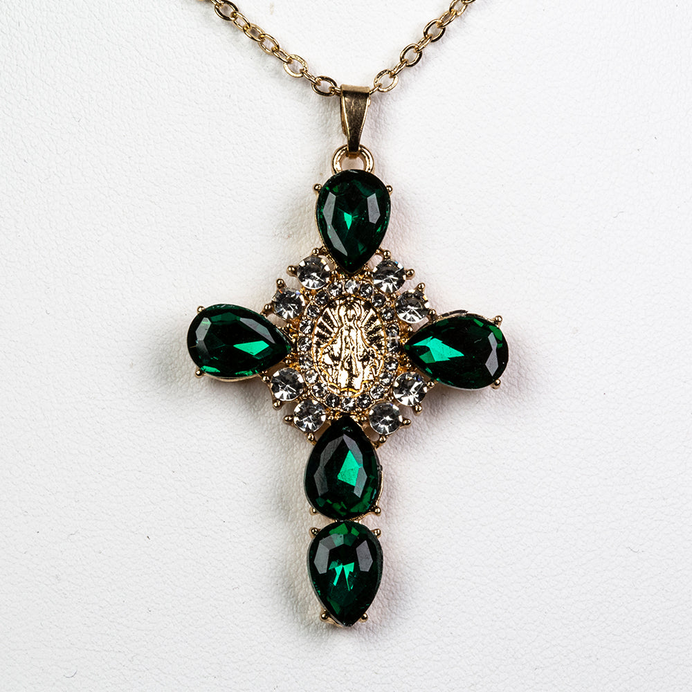Cruz Collar de Aleación Bañado en Oro con Cristal Emporia® Verde y Cristal Emporia® Blanco 1 