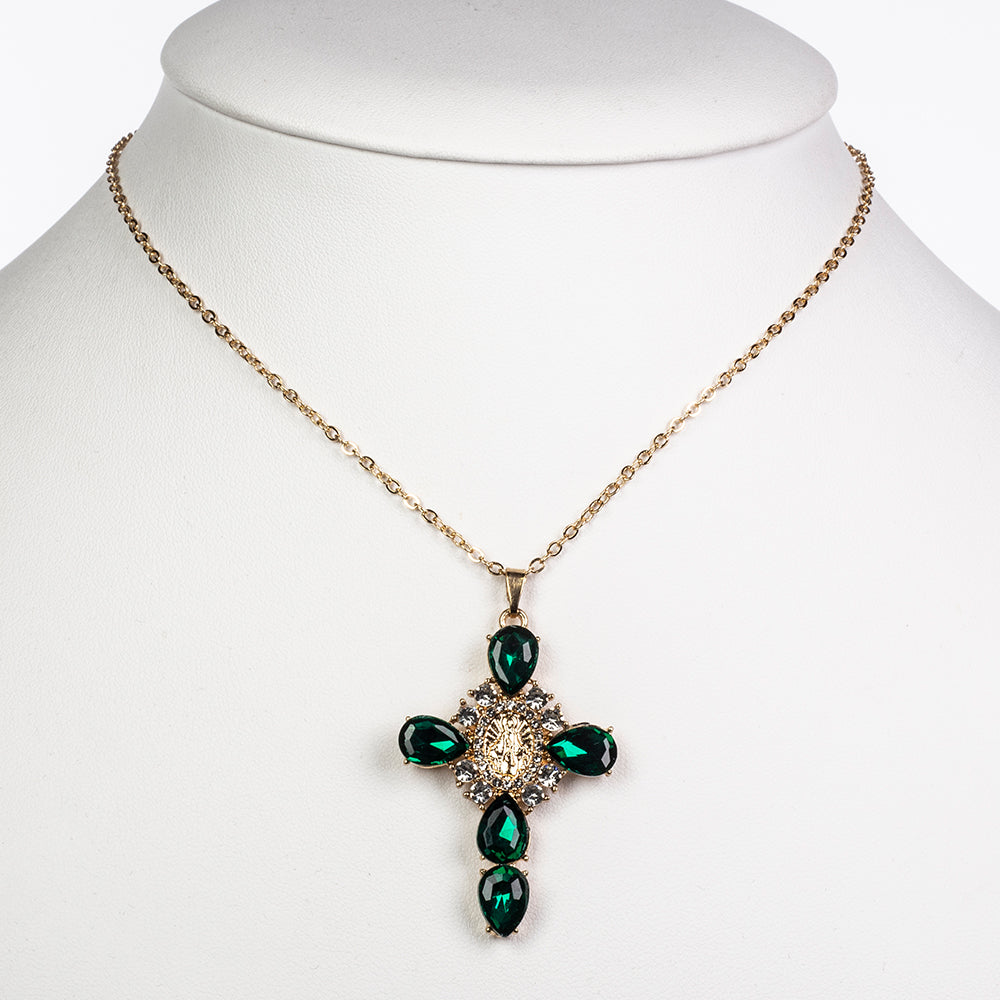 Cruz Collar de Aleación Bañado en Oro con Cristal Emporia® Verde y Cristal Emporia® Blanco 2 