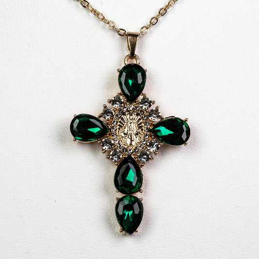 Cruz Collar de Aleación Bañado en Oro con Cristal Emporia® Verde y Cristal Emporia® Blanco